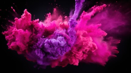 Fototapeta na wymiar A dynamic display of pink and purple powder exploding against a black background, capturing the vibrant splashes of Holi paint powder in feminine shades of violet and pink