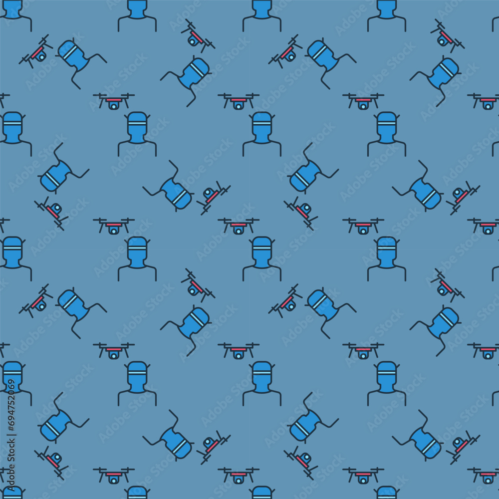 Poster fpv quadcopter and man vector drone colored seamless pattern