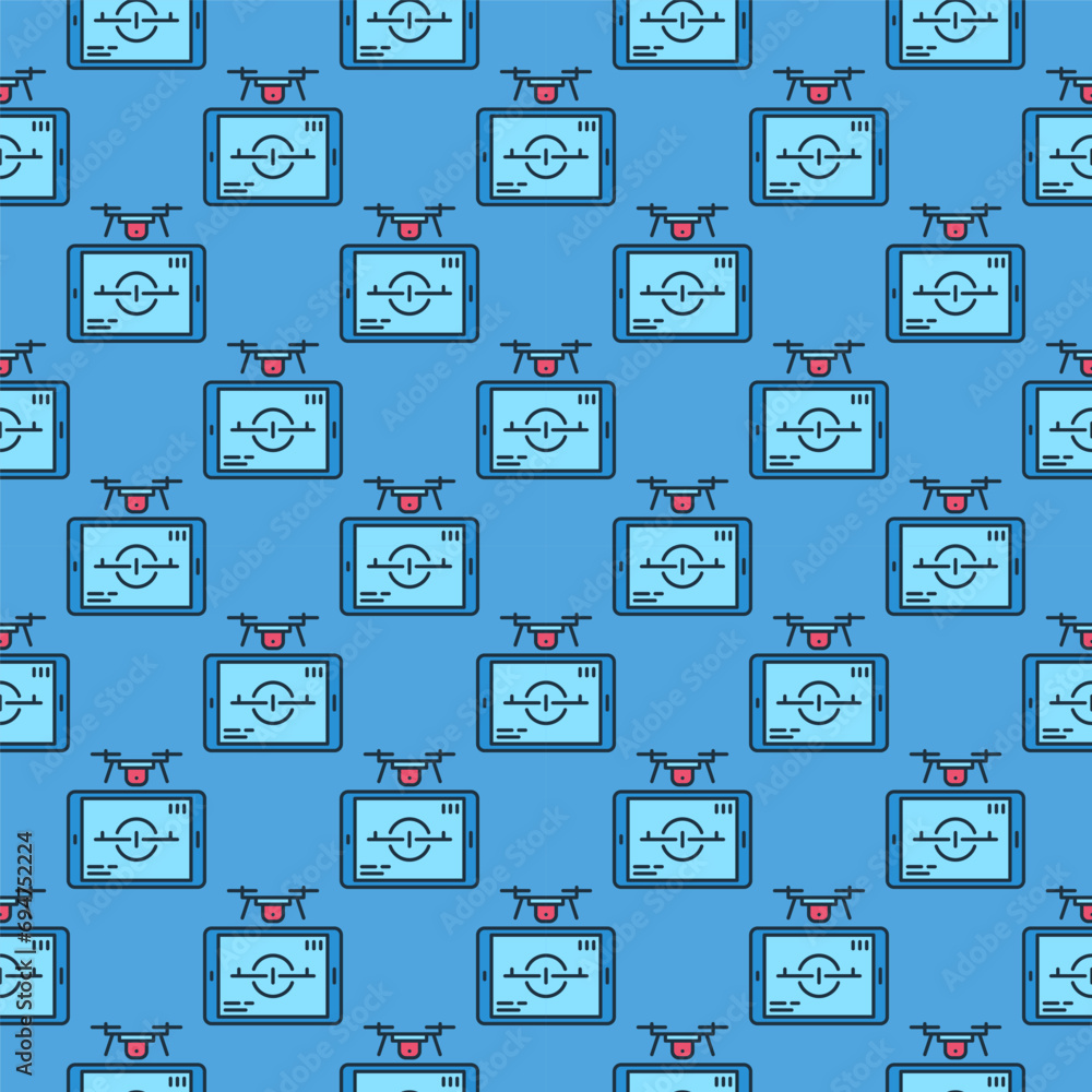 Aufkleber tablet and quadcopter vector drone control colored seamless pattern
