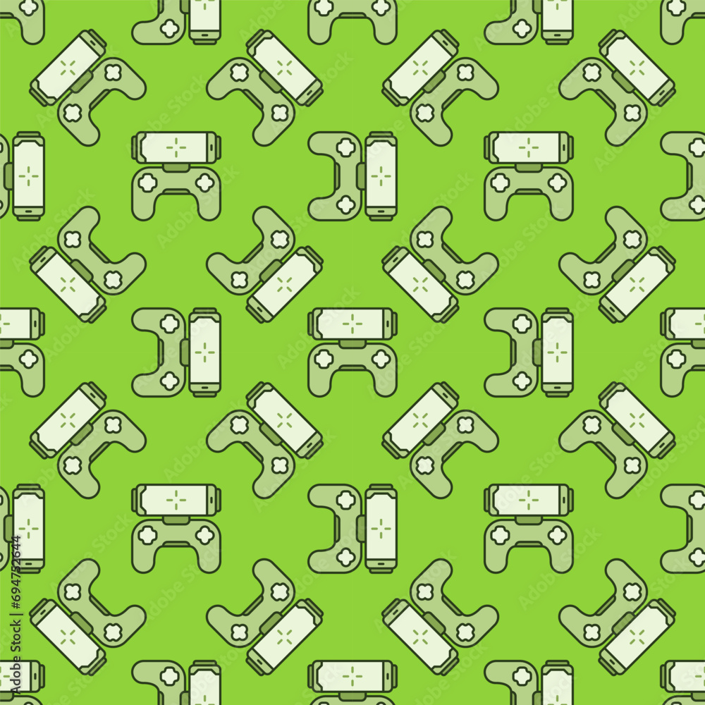 Poster smartphone controller vector gaming device with phone green modern seamless pattern