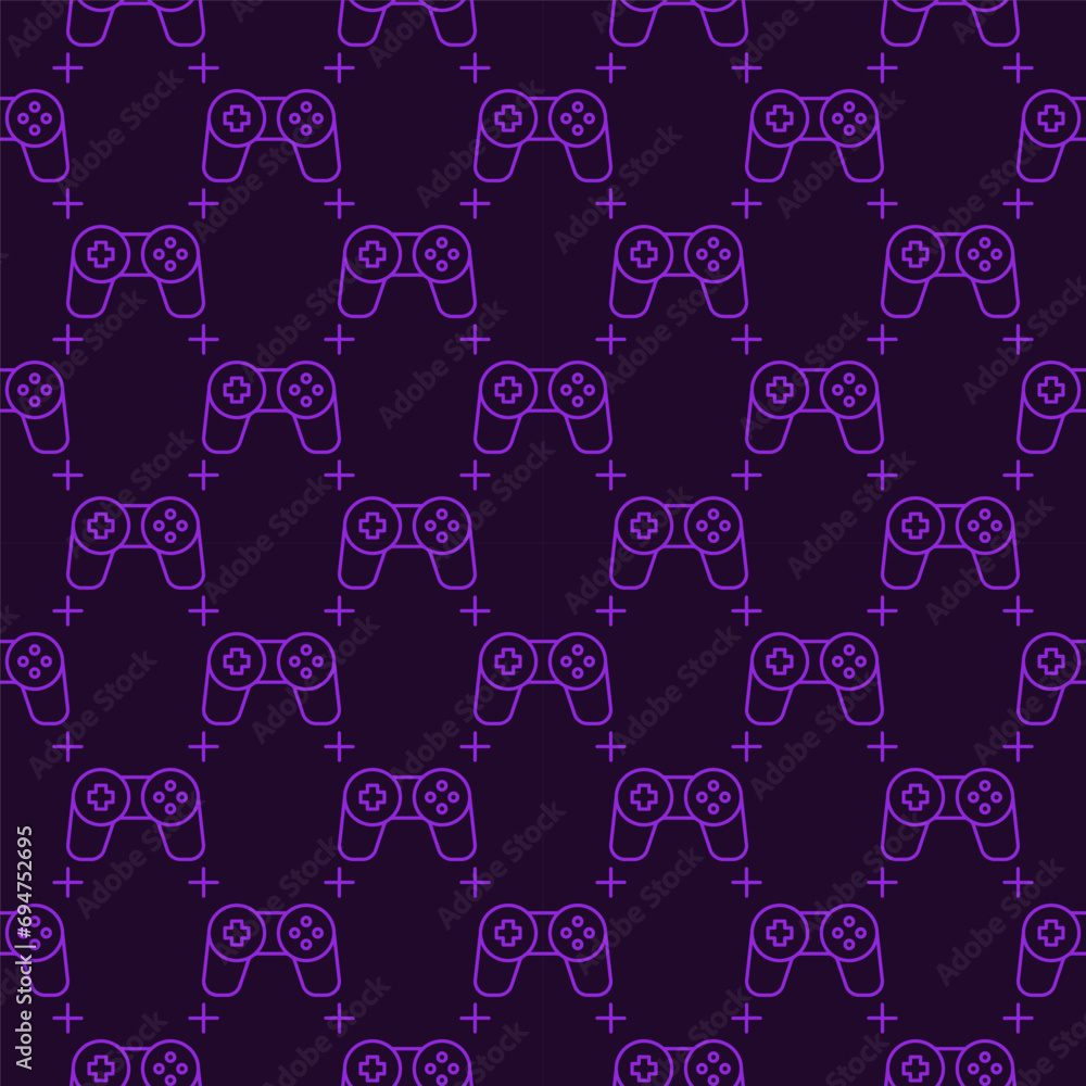 Poster videogame controller vector wireless gamepad for gamer line dark seamless pattern