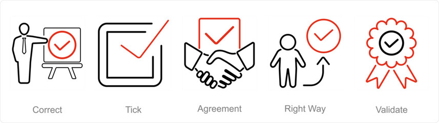 A set of 5 Checkmark icons as correct, tick, agreement