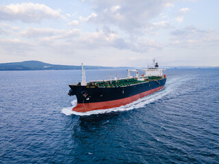 Aerial view of huge crude oil tanker ship cruising in Dardanelles Strait, concept worldwide...