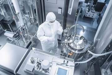 A man wearing a PPE suit stands in a clean room
