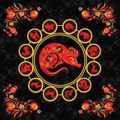 Black and red Khokhloma painting mouse, vintage, vector illustration