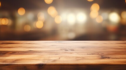 Empty brown wooden table top and blurred defocused modern kitchen background, AI Generative - obrazy, fototapety, plakaty