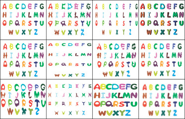 Fototapeta na wymiar English alphabet. Collection of cartoon fonts. Multi-colored capital letters on a transparent background. 