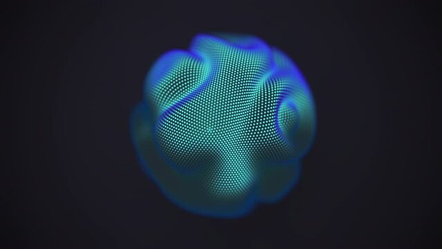 3D blue sphere made of flowing digital particles on black background. Abstract concept of artificial intelligence, neural network or big data analysis. Glowing pixelated surface, 4K looped video