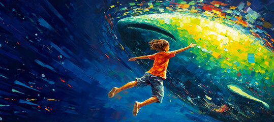 Abstract colorful painting of kid,child with whale or animal mysterious in  fantasy dream style.book cover background.and novel concepts.inspiration and imagination ideas - obrazy, fototapety, plakaty