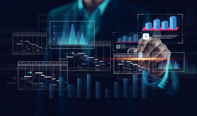 Analytics and Data Management Systems. Business Analytics and Data Management Systems to make reports with KPI  and metrics connected to the database for technology finance. - obrazy, fototapety, plakaty