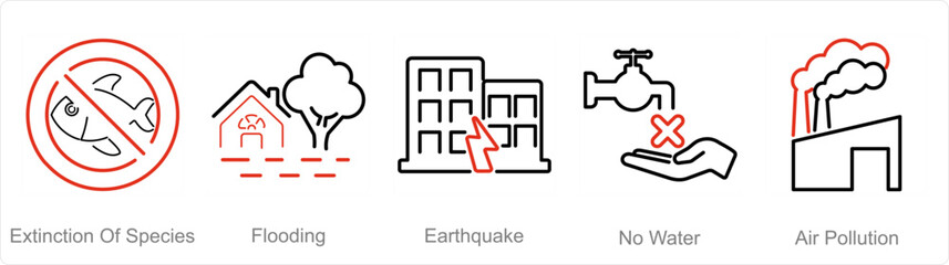 A set of 5 climate change icons as extinction of species, flooding, earthquake - obrazy, fototapety, plakaty
