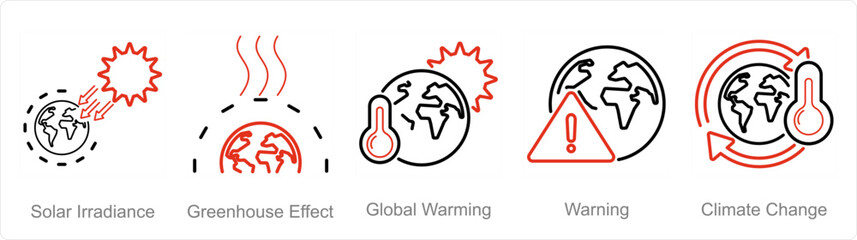 A set of 5 climate change icons as solar irradiance, greenhouse effect, global warming