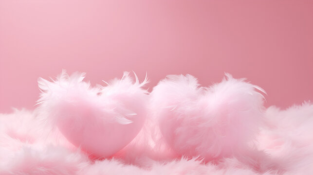 Valentine's day greeting card background.Pastel pink hearts decorated with feathers on a pink background with copy space. Valentine's card. Valentine's Day concept template for text.