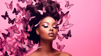 Art portrait of an African American girl with pink butterflies in her hair and professional makeup, fantasy in Barbie Pink style on a studio pink background with copy space. naturalness of cosmetic