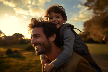 A man carrying a child on his shoulders. Generative AI