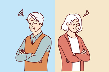 Quarreled seniors look in different directions due to differences or dissimilar interests. Quarreled old man and woman need counseling from family psychologist to restore relationship