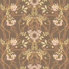 Fantasy flowers, decorative flowers and leaves in art nouveau style, vintage, old, retro style. Seamless border pattern, linear ornament, ribbon Vector illustration.