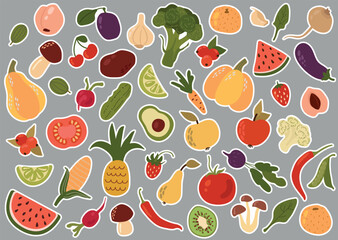 Set of stickers with fruits and vegetables. Vegan day.