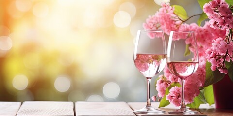 Romantic celebration: wine glasses, spring flowers and the beauty of nature create the atmosphere of a delightful event. - obrazy, fototapety, plakaty