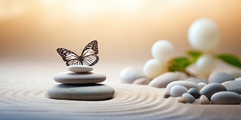 Zen tranquility with a balanced stack of stones and a butterfly symbolizing harmony and peace, set against a serene beach backdrop.