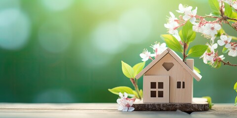 Green living concept: miniature model of a wooden house surrounded by flowers, symbolizing green living and sustainable architecture. - obrazy, fototapety, plakaty