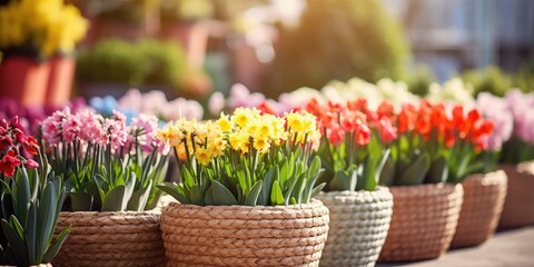 Colorful spring flowers in pots at the fair adding beauty and freshness to the surroundings. - obrazy, fototapety, plakaty