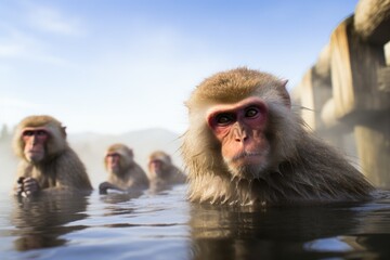 Naklejka premium Japanese monkeys, snow monkeys, warm themselves in a hot spring in winter. Generative AI.