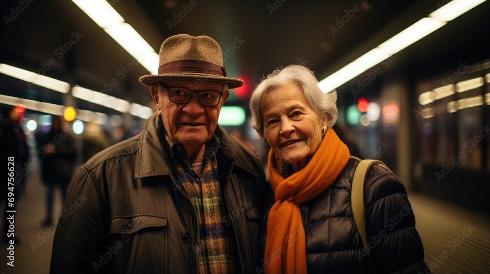 Wall mural An older couple standing in a subway station. Generative AI.