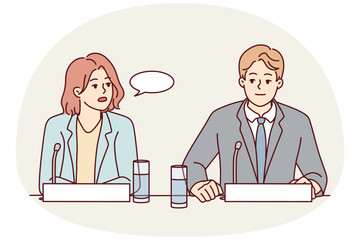 Businesspeople sit at desk at meeting speak in microphones. Employees at conference making speech. Business and briefing. Vector illustration.