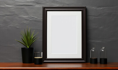 cadre vierge avec bordures noires posé sur un meuble en bois - mockup - obrazy, fototapety, plakaty
