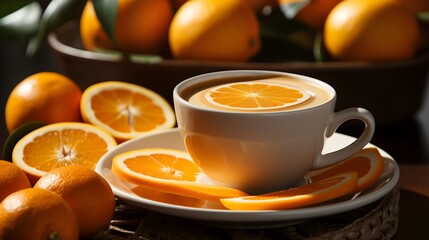 A cup of coffee with a vibrant orange slice, set against a contrasting teal and orange background, embodying a modern, minimalist aesthetic