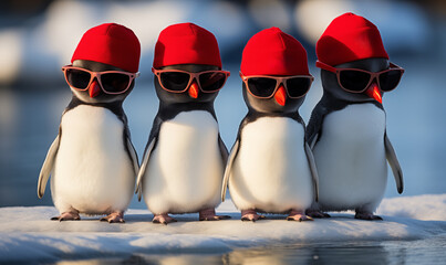 Adorable funny baby penguins in red hats and sunglasses on top of iceberg or ice floe in Antarctica - obrazy, fototapety, plakaty