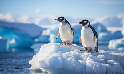 Fototapeta premium Two penguins stands on top of iceberg or ice floe in Antarctica