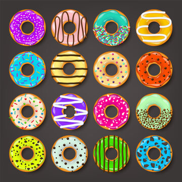 Donut, begel with cream. Cookies,cookie cake set. Sweet dessert with sugar and caramel. Tasty breakfast cooking. Cafateria food, snack. Coffee shop.Vector illustration.