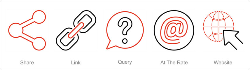A set of 5 Contact icons as share, link, query, at the rate