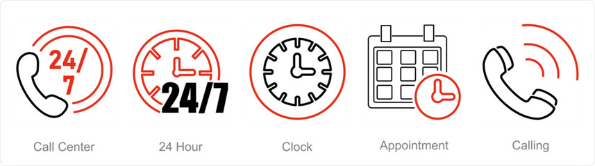 A set of 5 Contact icons as call center, 24 hour, clock