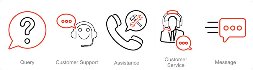 A set of 5 Contact icons as query, customer support, assistance