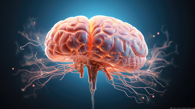Anatomical artificial Model of human brain with light on dark background, medical concept.