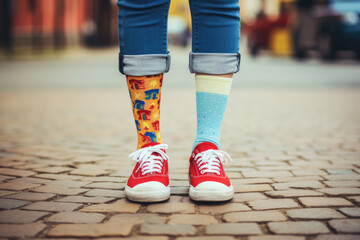 Kid legs with different pair of socks and red sneakers standing in the street outdoors. Child foots in mismatched socks. Odd Socks day, Anti-Bullying Week, Down syndrome awareness concept