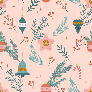 Christmas seamless pattern with tree decorations. Seasonal winter design. Cute vector illustration in flat cartoon style