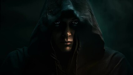 dark mysterious character in hood and cloak. Created with Generative AI.	
