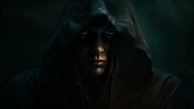 dark mysterious character in hood and cloak. Created with Generative AI.	
