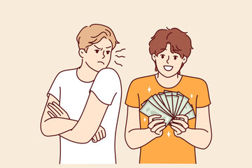 Man is jealous of rich friend showing off money bills earned in business or won in casino. Rich guy does not pay attention to poor person experiencing discomfort due to social inequality