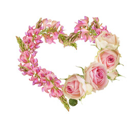 Pink flowers of onobrychis and roses in a floral heart isolated on white or transparent background....