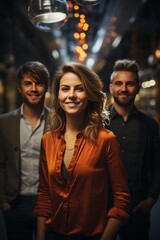 Obraz premium Ambitious startup team with lens flares in a modern office, Generative AI