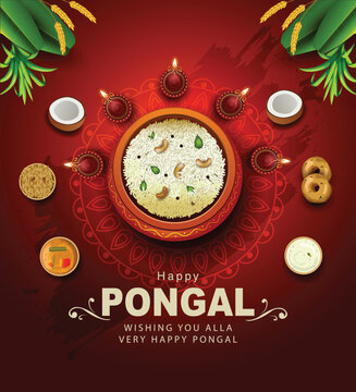 South Indian harvesting festival, Happy Pongal celebrations greetings with Pongal elements, banana leaf with pongal food. vector illustration design