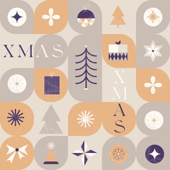 Retro Christmas Seamless Pattern in a minimalist retro style with Christmas symbols and elements. Seamless geometric background. Vector illustration.