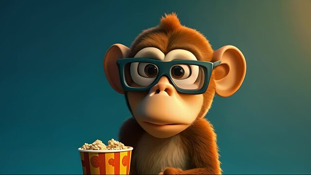 cute monkey with glasses eating popcorn. Created with Generative AI.