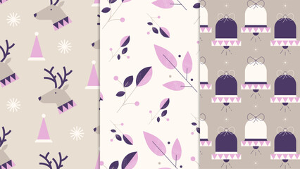 Retro Christmas Seamless Patterns. Set of seamless patterns or backgrounds in a minimalistic retro flat style with Christmas symbols and elements. 