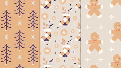 Retro Christmas Seamless Patterns. Set of seamless patterns or backgrounds in a minimalistic retro flat style with Christmas symbols and elements. 